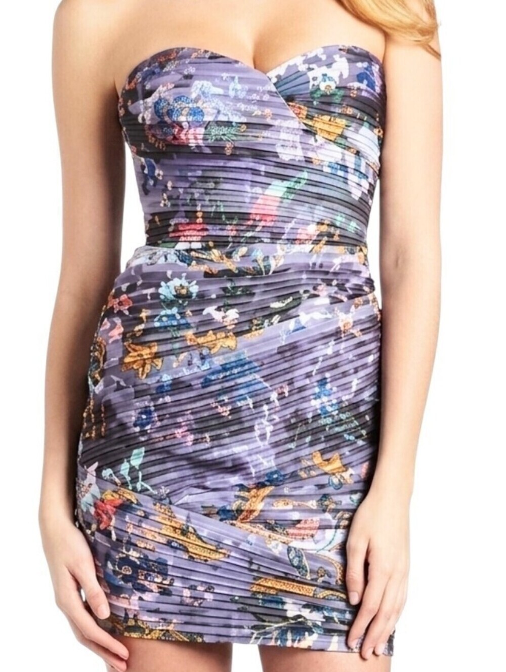 BCBGMAXAZRIA Kameron Dress Size 10 Purple Floral Strapless Ruched Bodycon